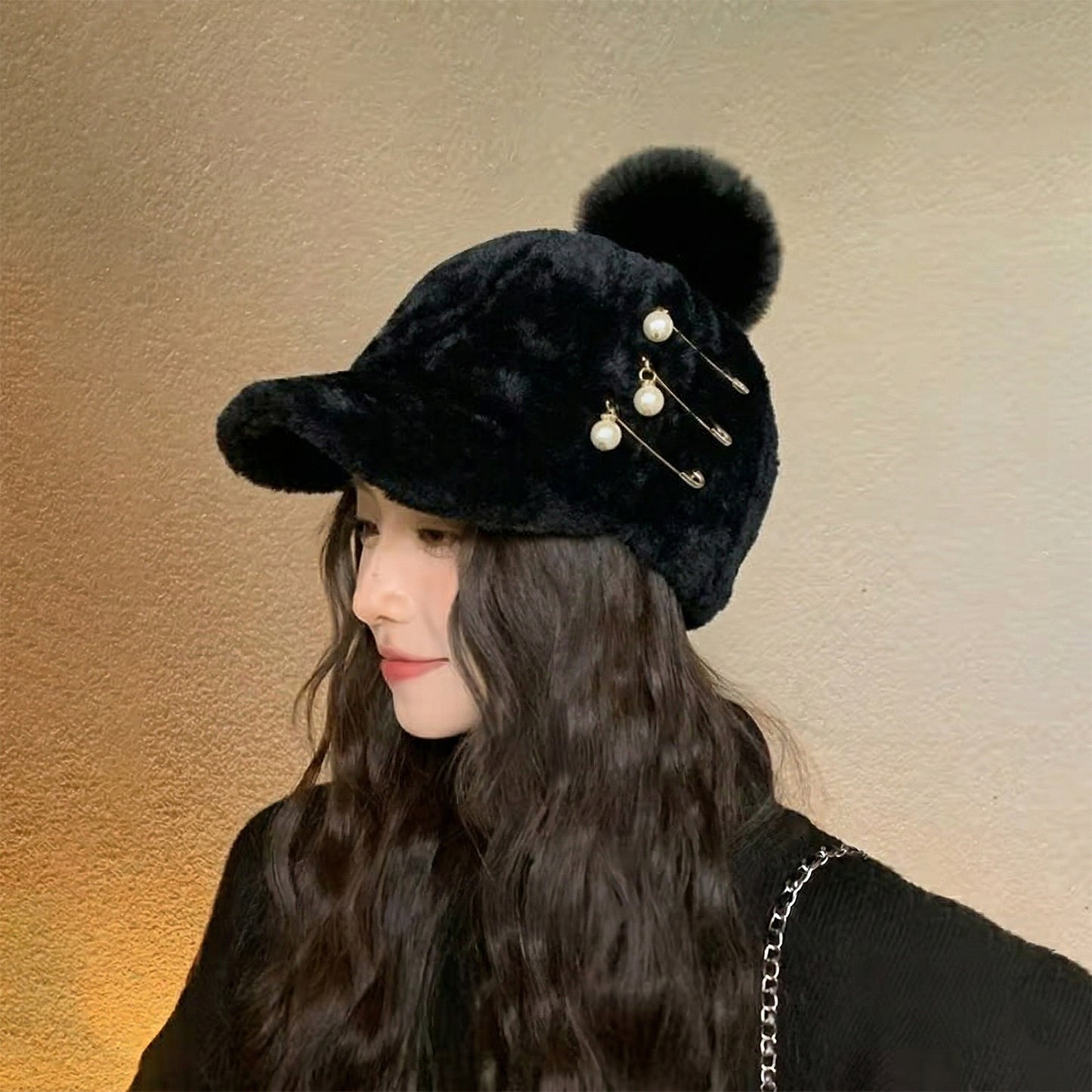 Women's Warm Plush Fur Cap with Pom Pom & Pearl Chain - 1 Pc - Great Price - Image 3