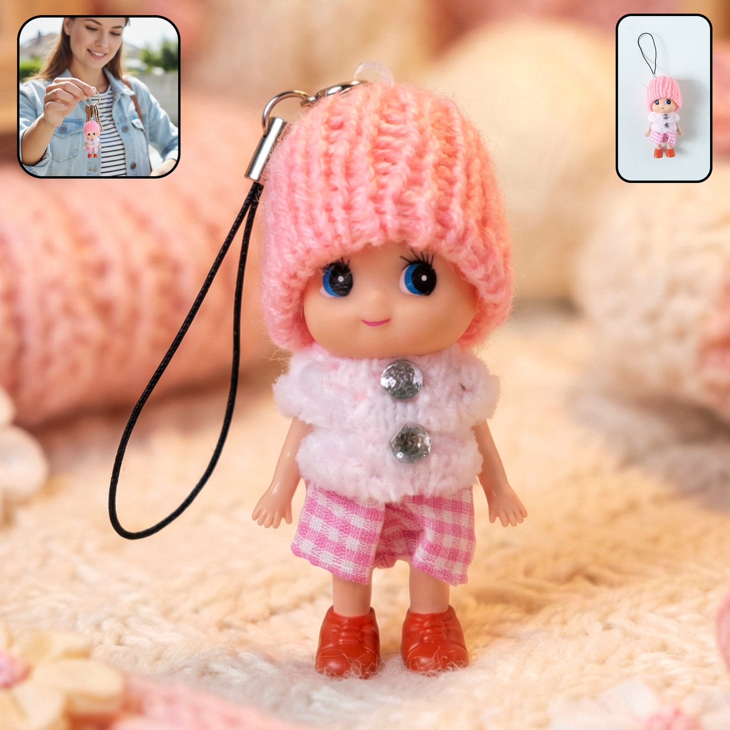 Cute Mini Doll Keychain Soft Knitted Cap Girl Charm Keyring (1 Pc Mix Color)