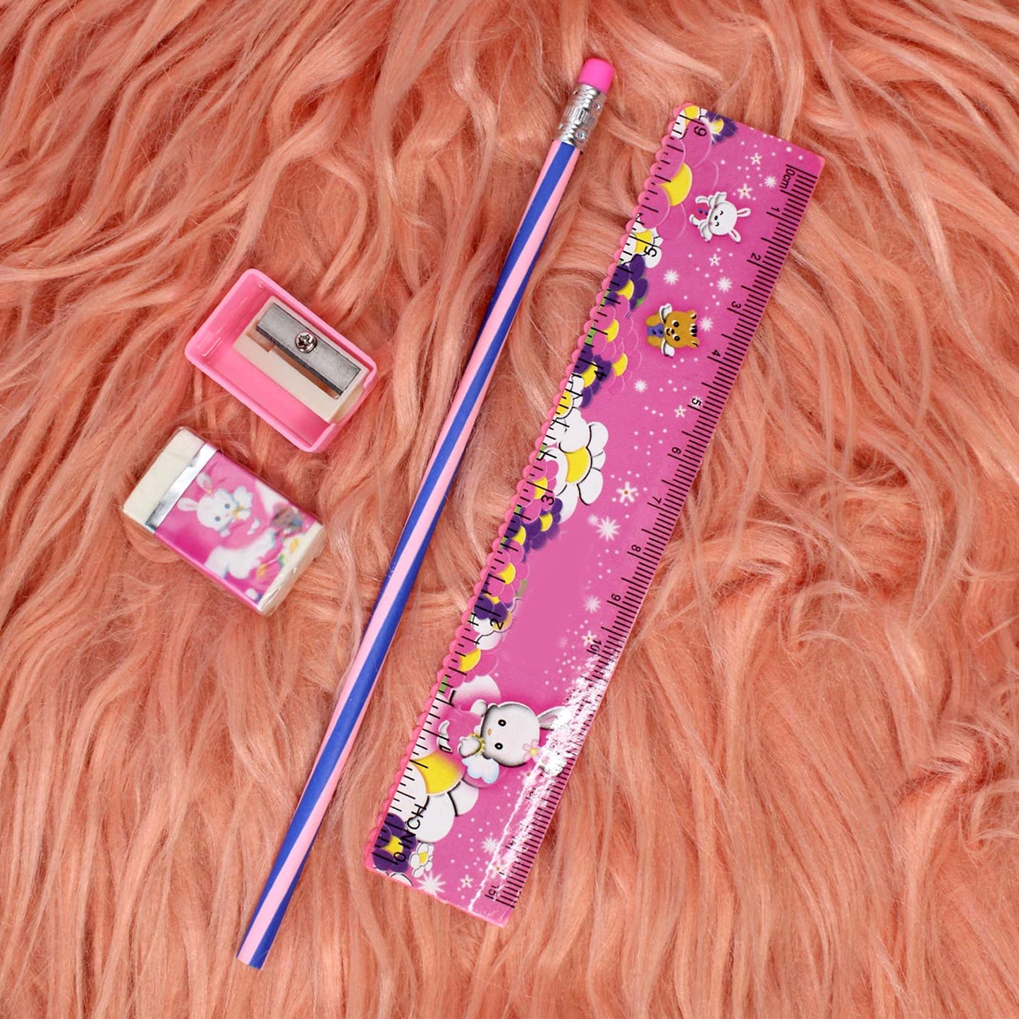Cute Pink 4-in-1 Stationery Set for Kids - Ruler, Pencil, Eraser, Sharpener - Happy Price - Image 3