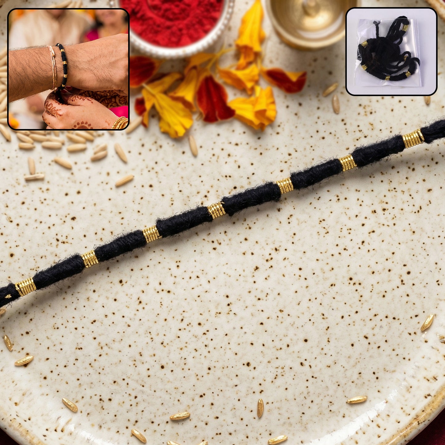 Handmade Black Thread Rakhi with Gold Beads - 1 Piece - Happy Price - Image 2