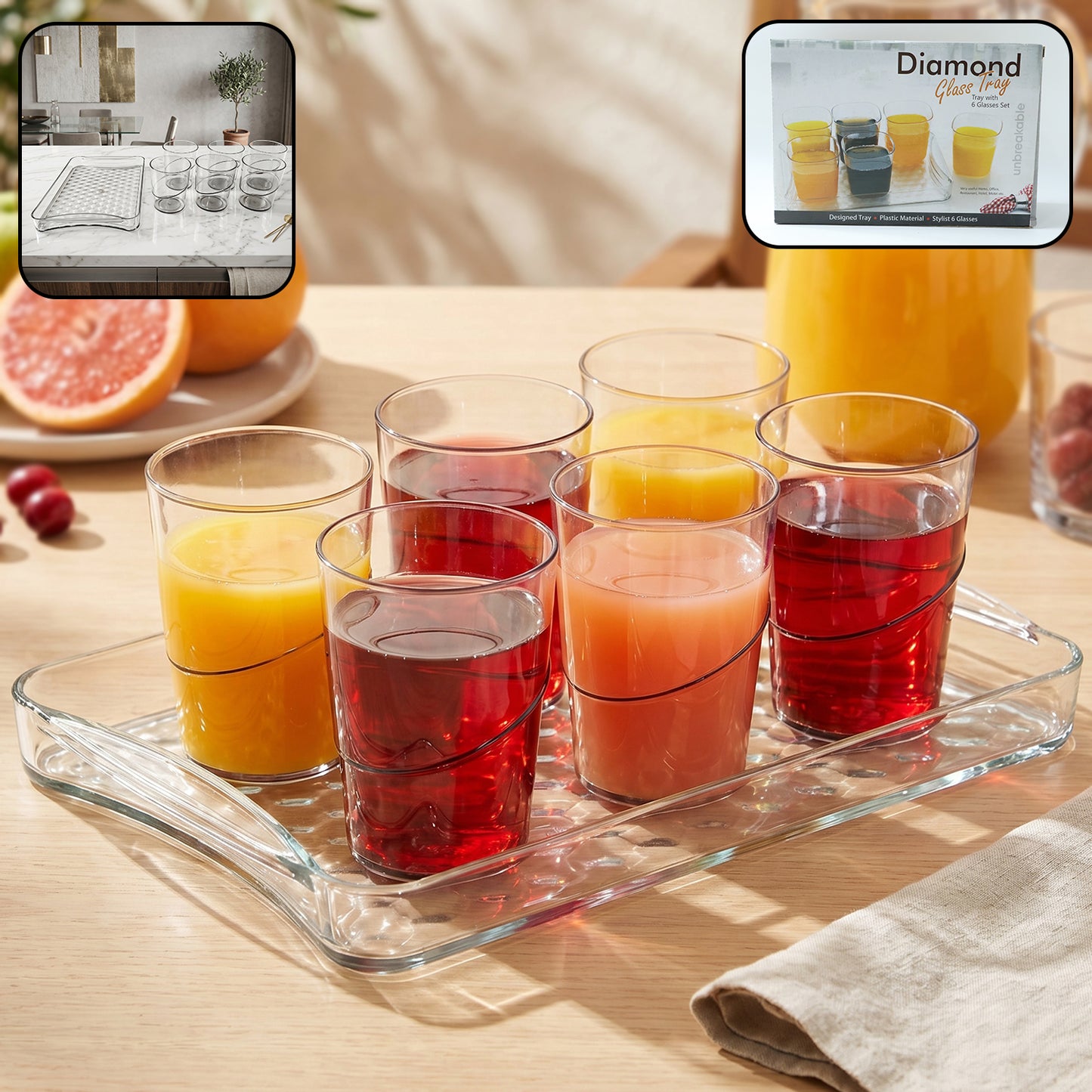 Glass Beverage Serving Set with 6 Tumblers and 1 Tray - Great Price - Image 2