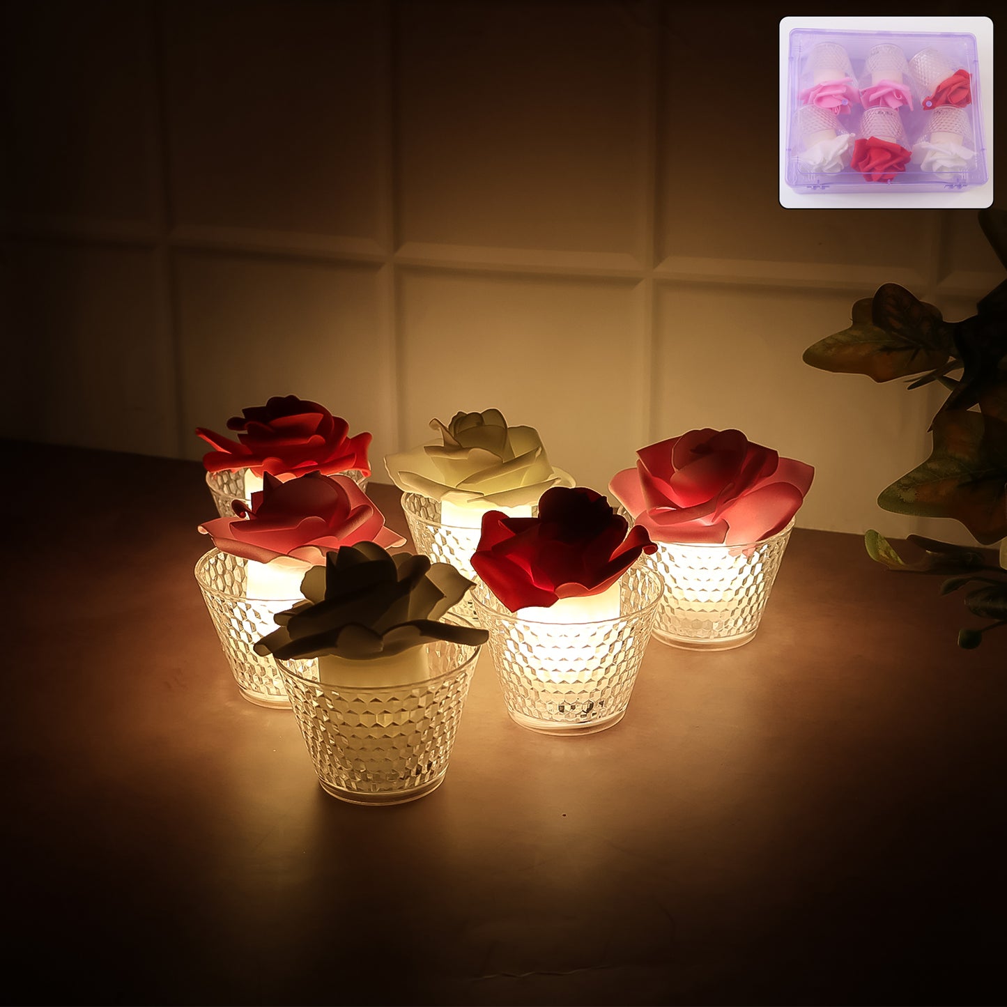 LED Rose Flower Tealight Candles - Set of 6 Flameless Flickering Lights with Glass-Style Holders - Happy Price - Image 6