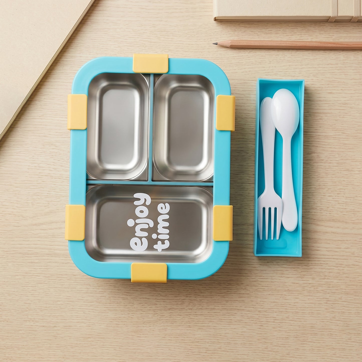 3 Compartment Stainless Steel Lunch Box with Cutlery - 600ml Airtight Food Container - Great Price - Image 2