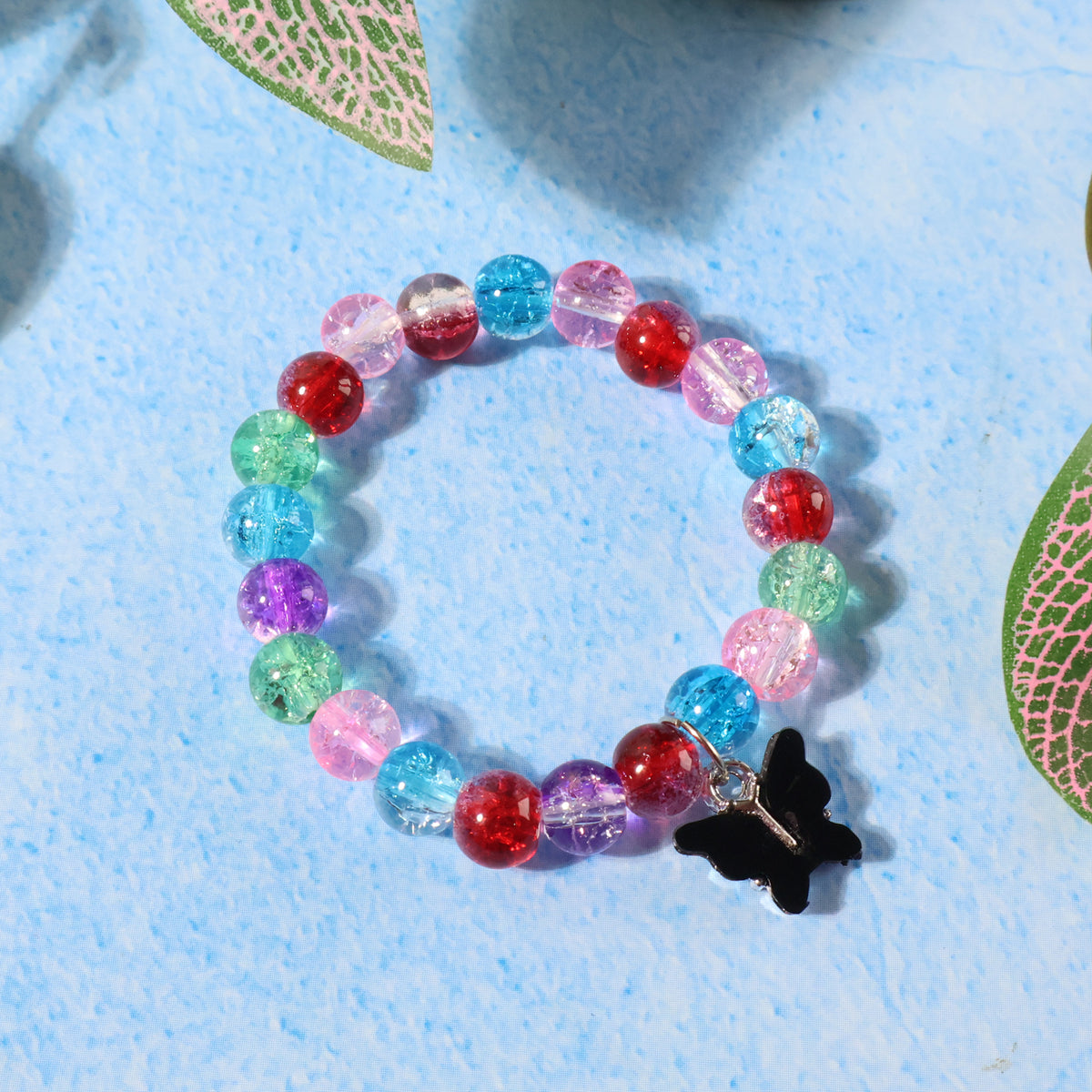Multicolor Crackle Bead Stretch Bracelet with Butterfly Charm (1 Pc) - Happy Price - Image 1
