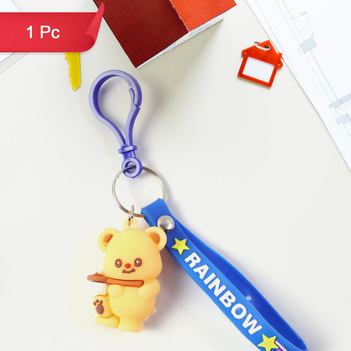 Cute Bear Character Keychain with Rainbow Strap - 1 Pc - Happy Price - Image 1