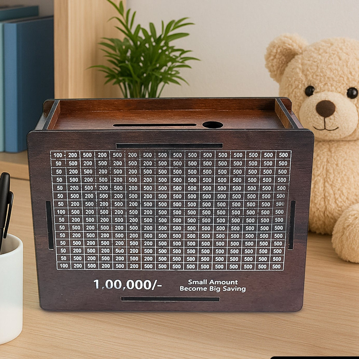 Wooden Money Piggy Bank Money Box (1 Pc With Marker Pen) - Happy Price - Image 1