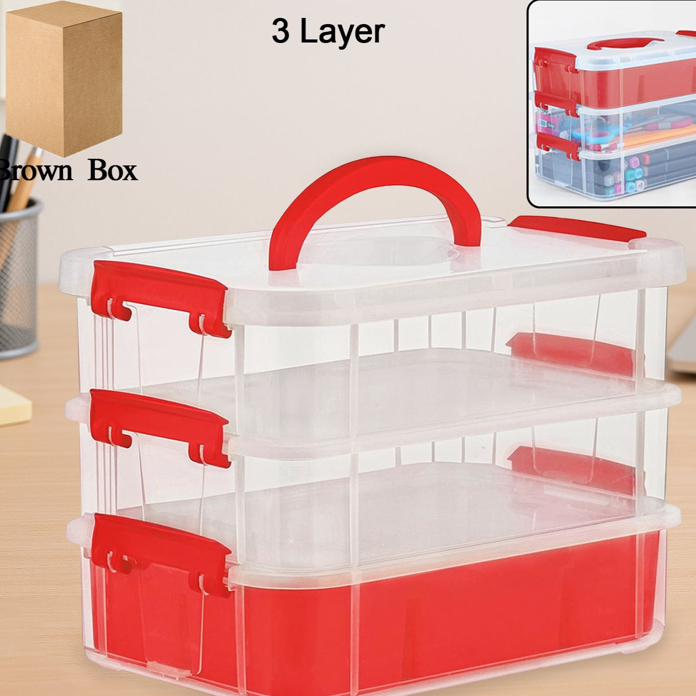 3-layer Multi-purpose Transparent Plastic Storage Carry Box With Handle - Happy Price - Image 1
