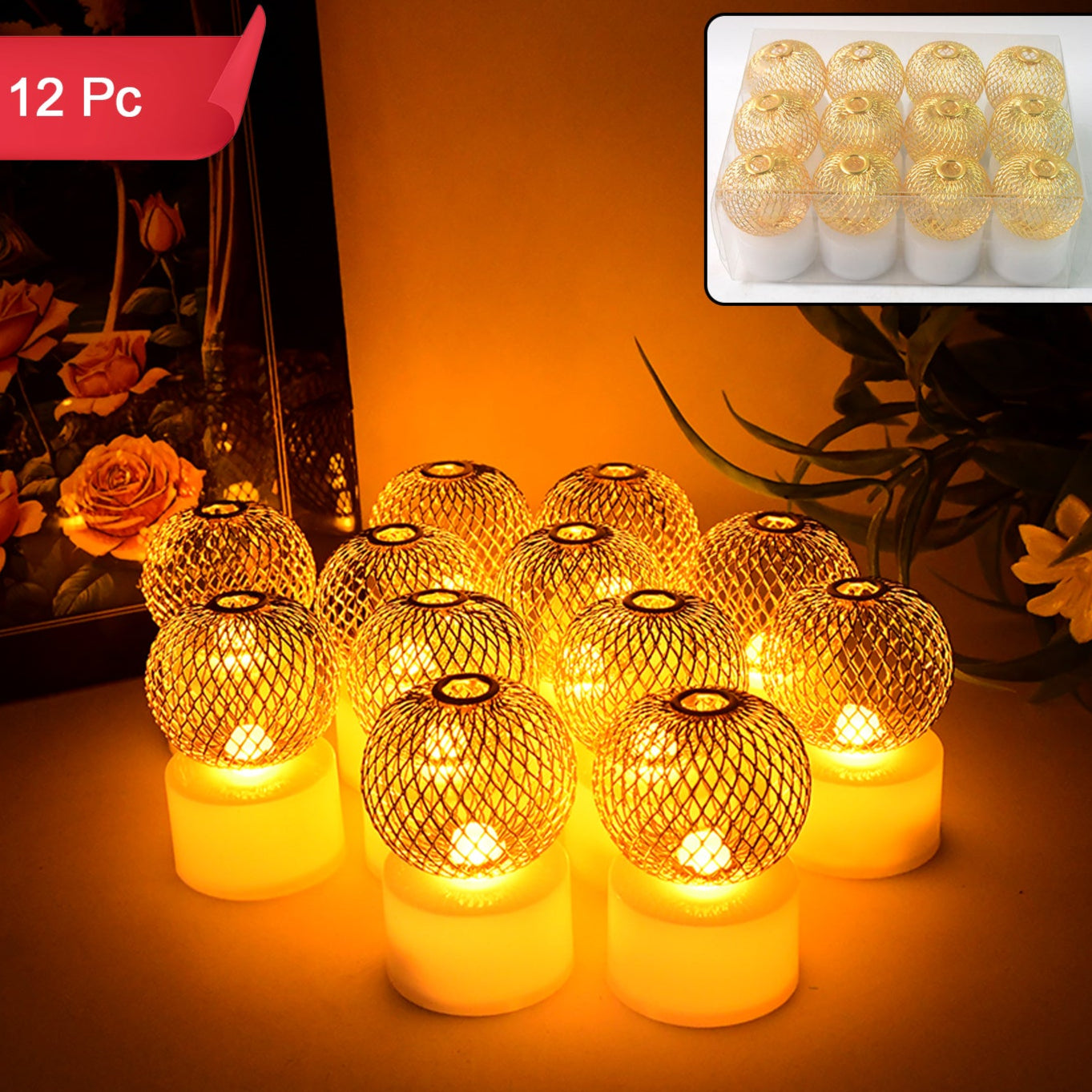 Set of 12 Mesh Ball LED Decorative Lights - Warm White - Happy Price - Image 1