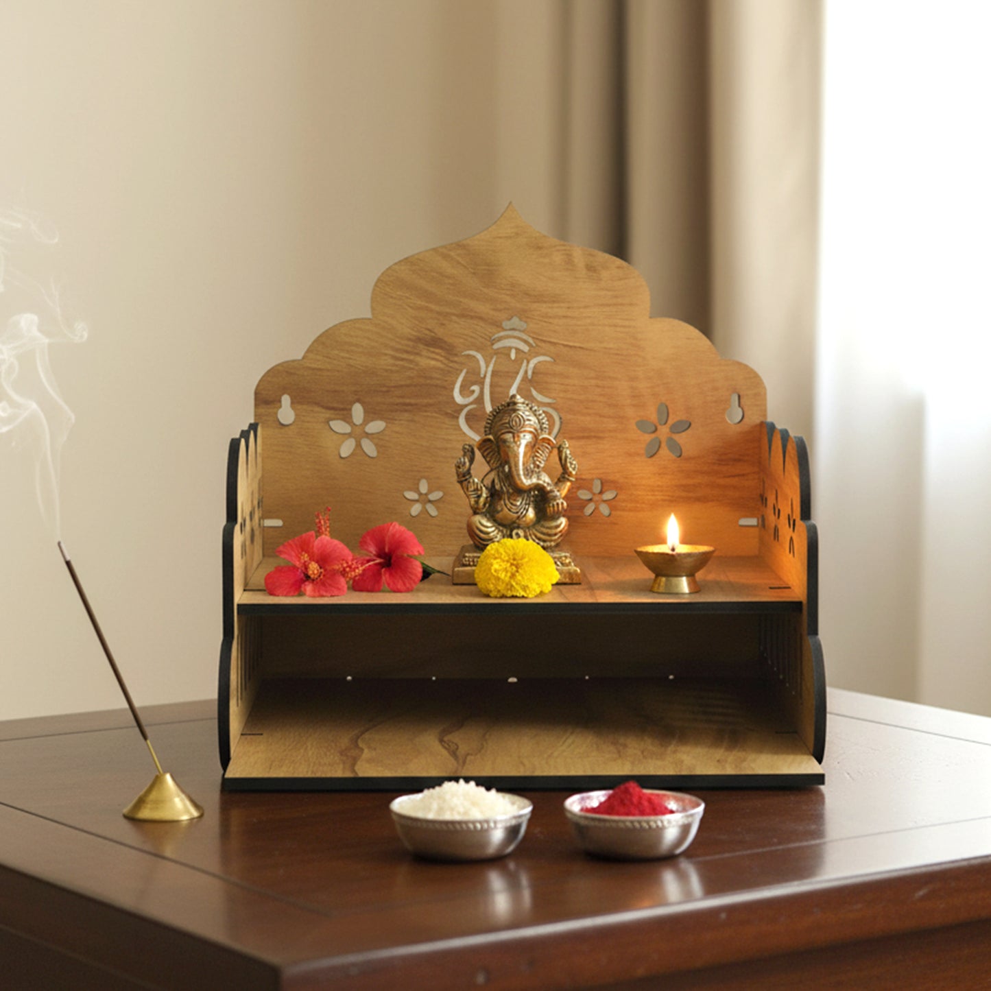 1 Pc Wooden Pooja Mandir Stand for Home & Office - Tabletop Temple with Ganesha Back Panel - Happy Price - Image 6