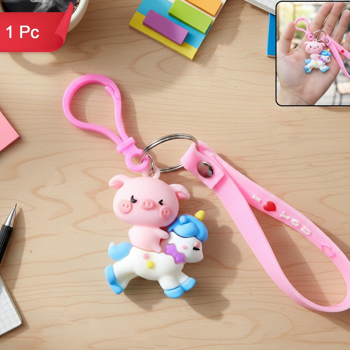 Cute Pig on Unicorn Cartoon Keychain (1 Pc) - Happy Price - Image 1