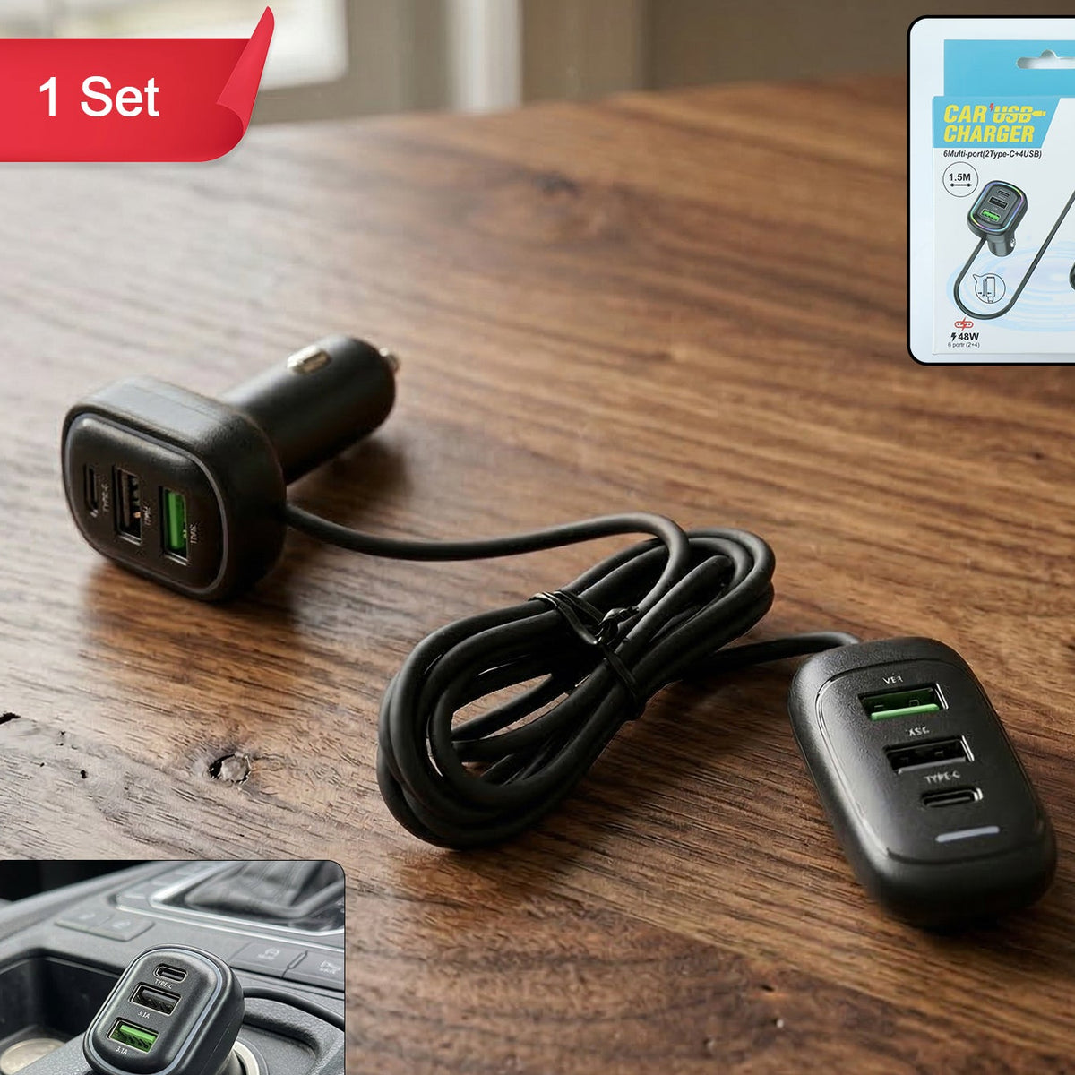 Multi-Port Car Charger with Type-C & RGB Light, 1.5m Extension Cable - Great Price - Image 1