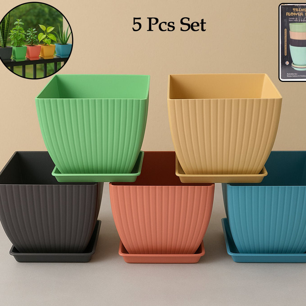 Trendy Square Plastic Flower Pots Set Of 5 - Happy Price - Image 1