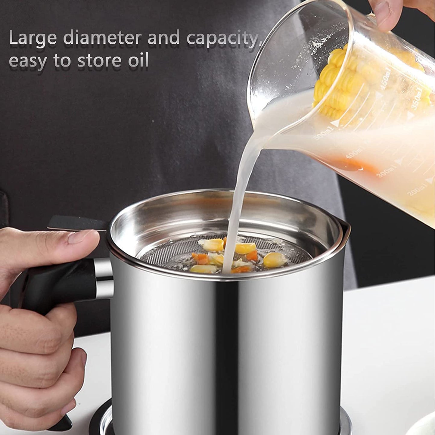 Stainless Steel Oil Strainer Pot With Lid And Filter Mesh (1 Set) - Happy Price - Image 5