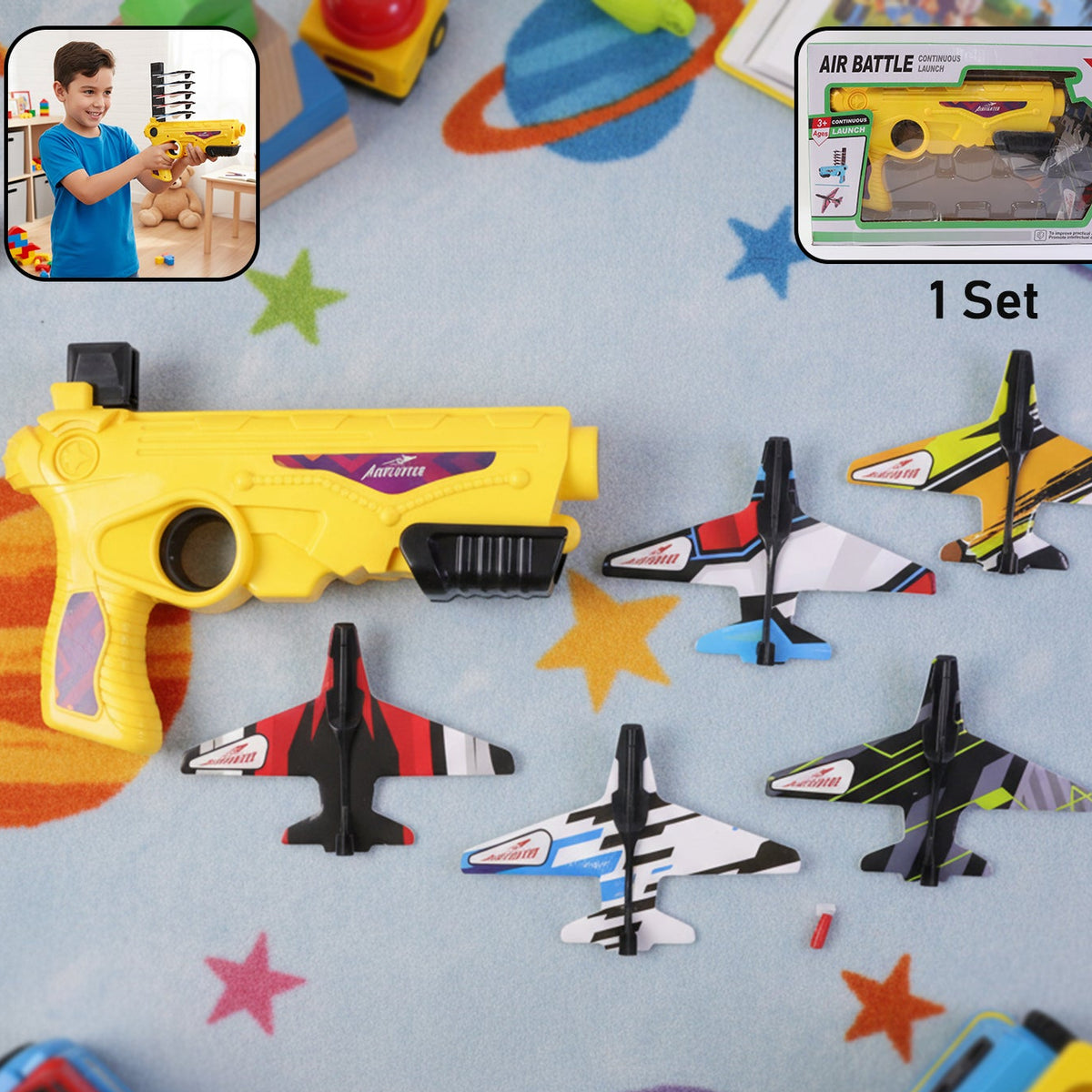 Air Battle Plane Launcher Toy Set for Kids with 5 Foam Gliders - Manual Shooting Game - Happy Price - Image 1
