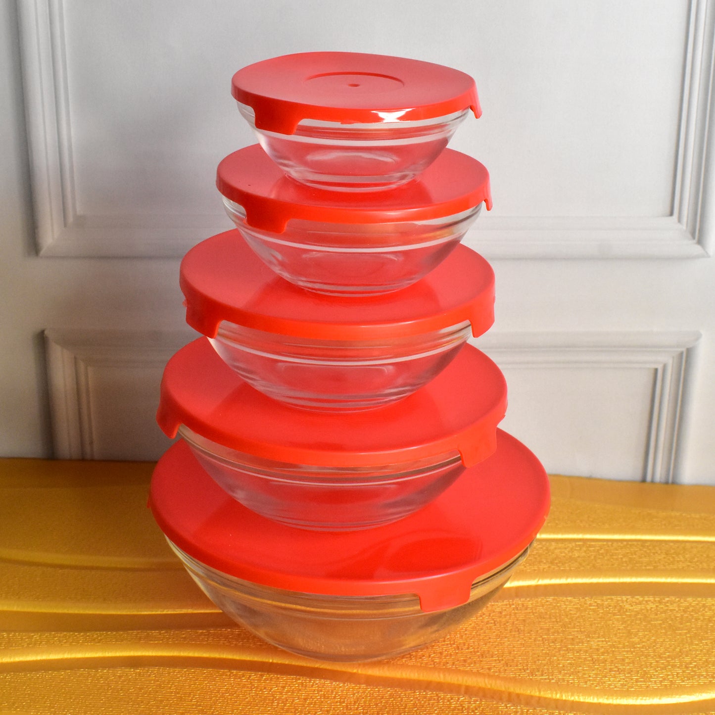 Modern Glass Bowl Set Mixing Storage Bowls With Red Lids (5 Pcs Set) - Happy Price - Image 3
