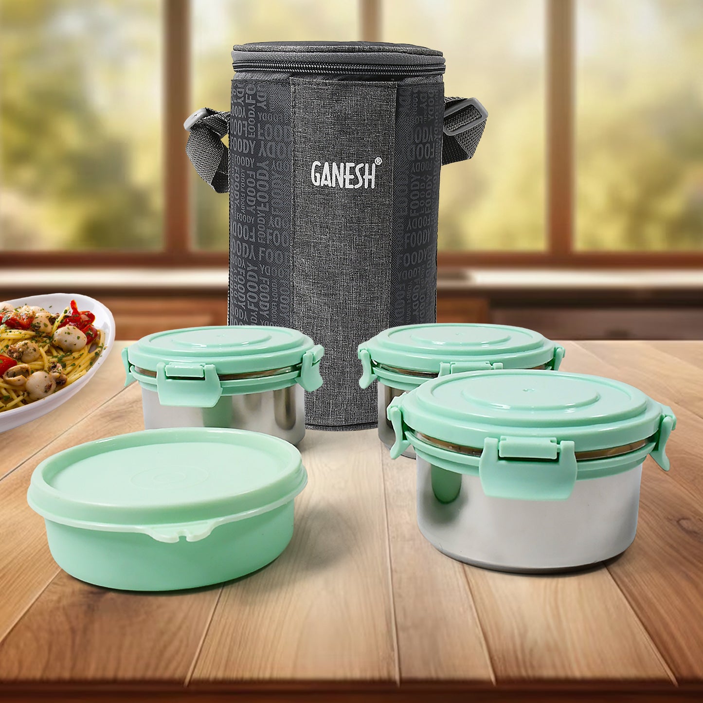 4in1tiffin Box-lunch Box 3 Stainless Steel Containers 300 Ml Approx Plastic Salad Container 200 Ml Approx Plastic Lid Box Round Zip Bag Leak Proof Microwave Safefor Office College And School For Men Women - Happy Price - Image 6