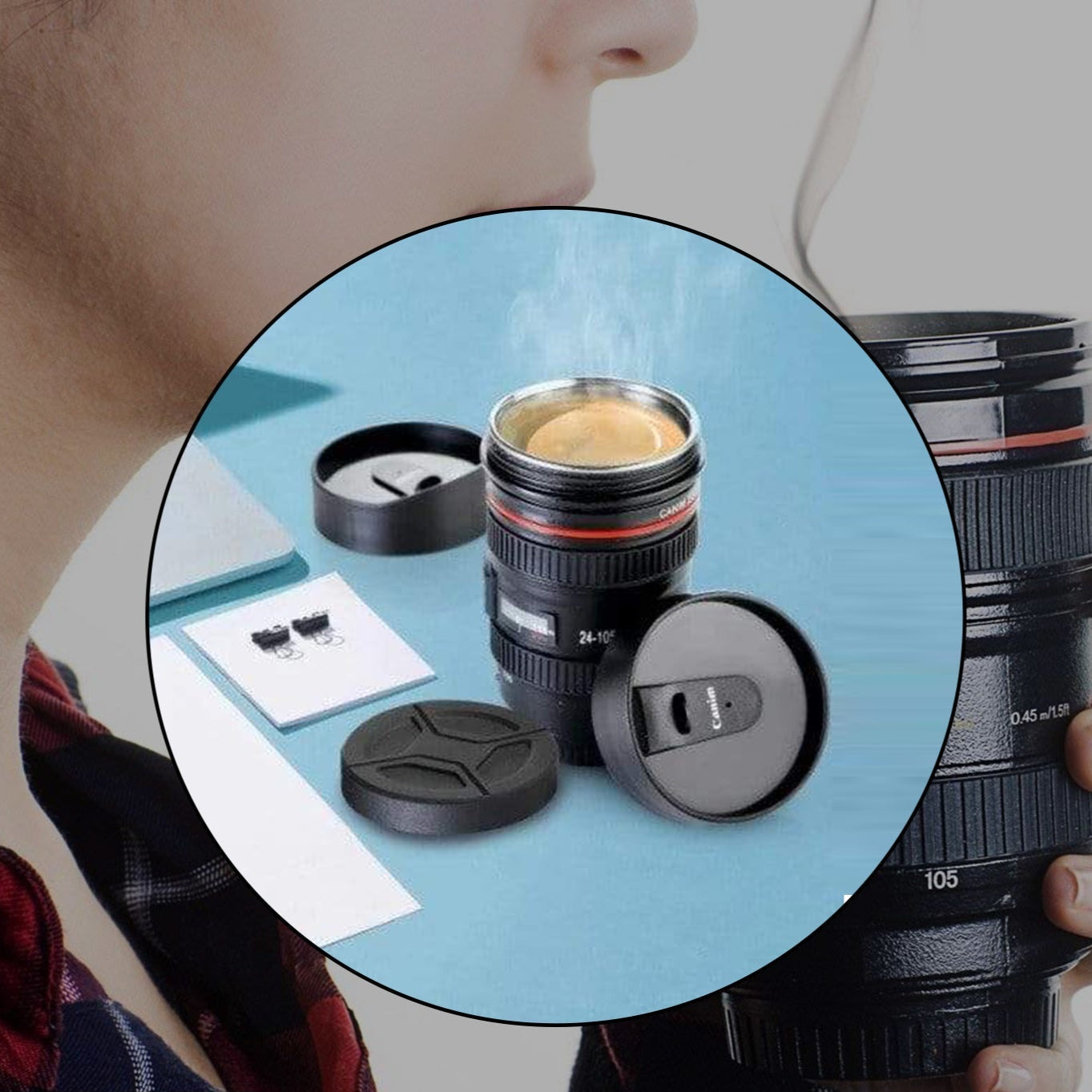 Plastic Camera Lens Stainless Steel Coffee Mug - Happy Price - Image 1