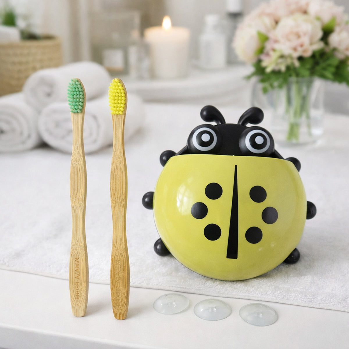 Cute Ladybug Toothbrush Holder with Bamboo Toothbrushes - Wall Mount Organizer - Happy Price - Image 2