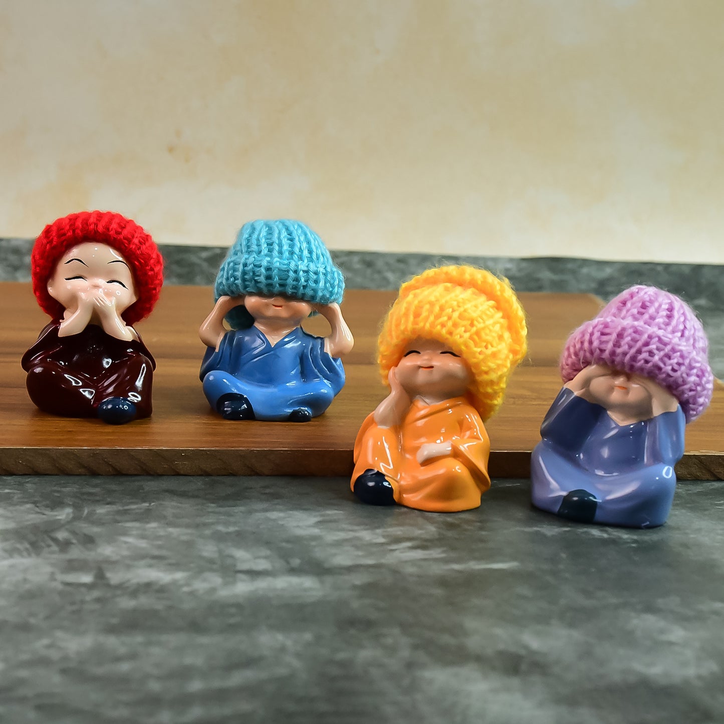 Decorative Resin Monk Buddha Showpiece Set Of 4 With Traditional Straw Hats - Happy Price - Image 6