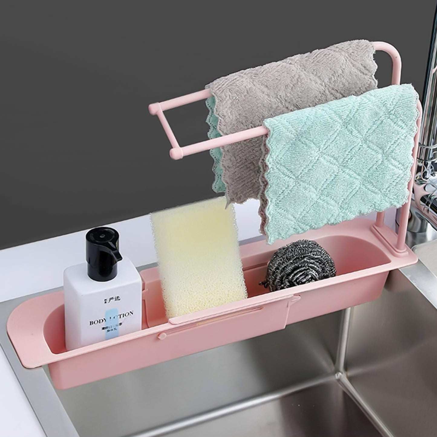 Over-sink Expandable Sink Caddy With Dual Towel Bar Drip Tray