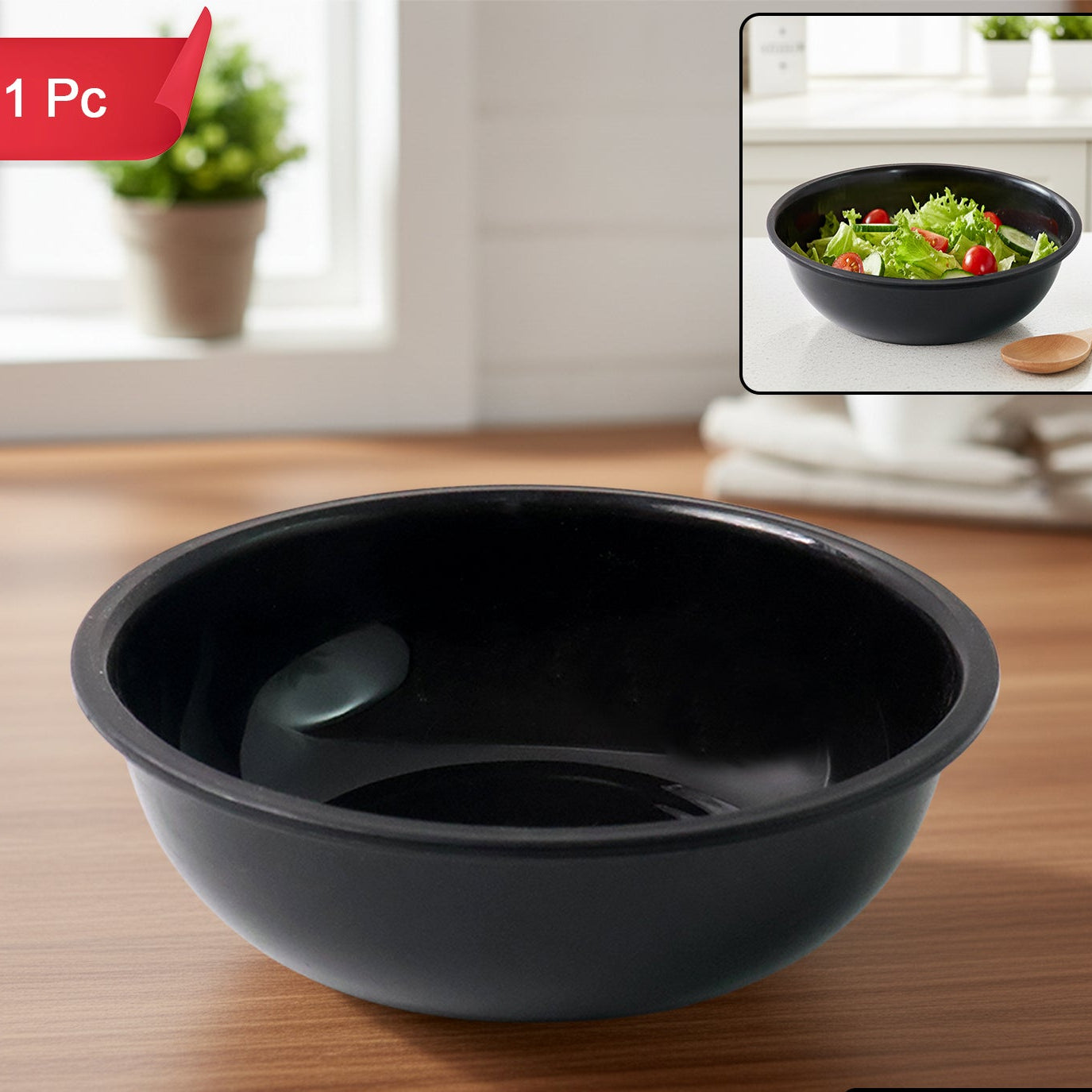 Plastic Serving Bowl 6 Inch Black Round Deep - 1 Pc - Happy Price - Image 1