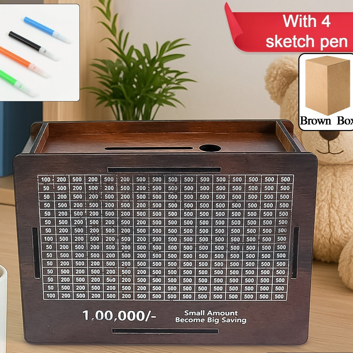 Wooden Money Piggy Bank Money Box (1 Pc 4 Sketch Pen) - Happy Price - Image 1