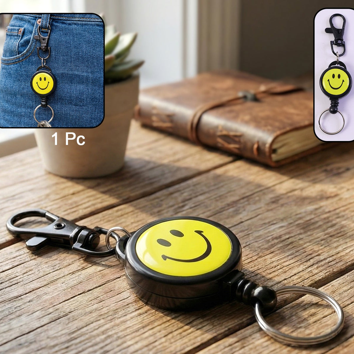 Smiley Face Retractable Keychain with Clip (1 Pc) - Happy Price - Image 1