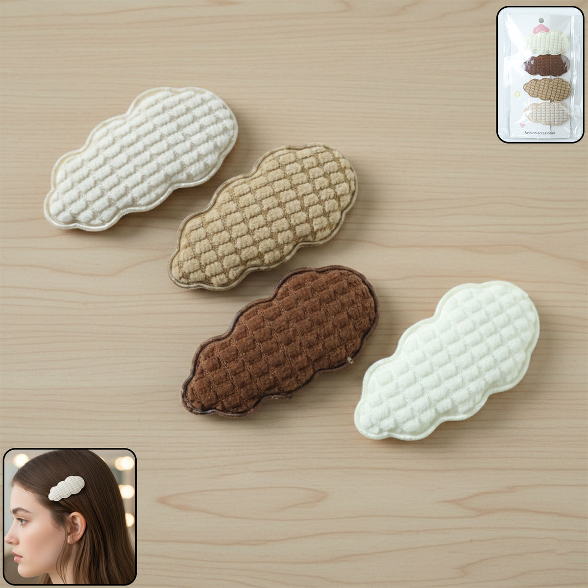 Set of 4 Padded Cloud Hair Clips for Girls - Soft Quilted Fashion Accessories - Happy Price - Image 2