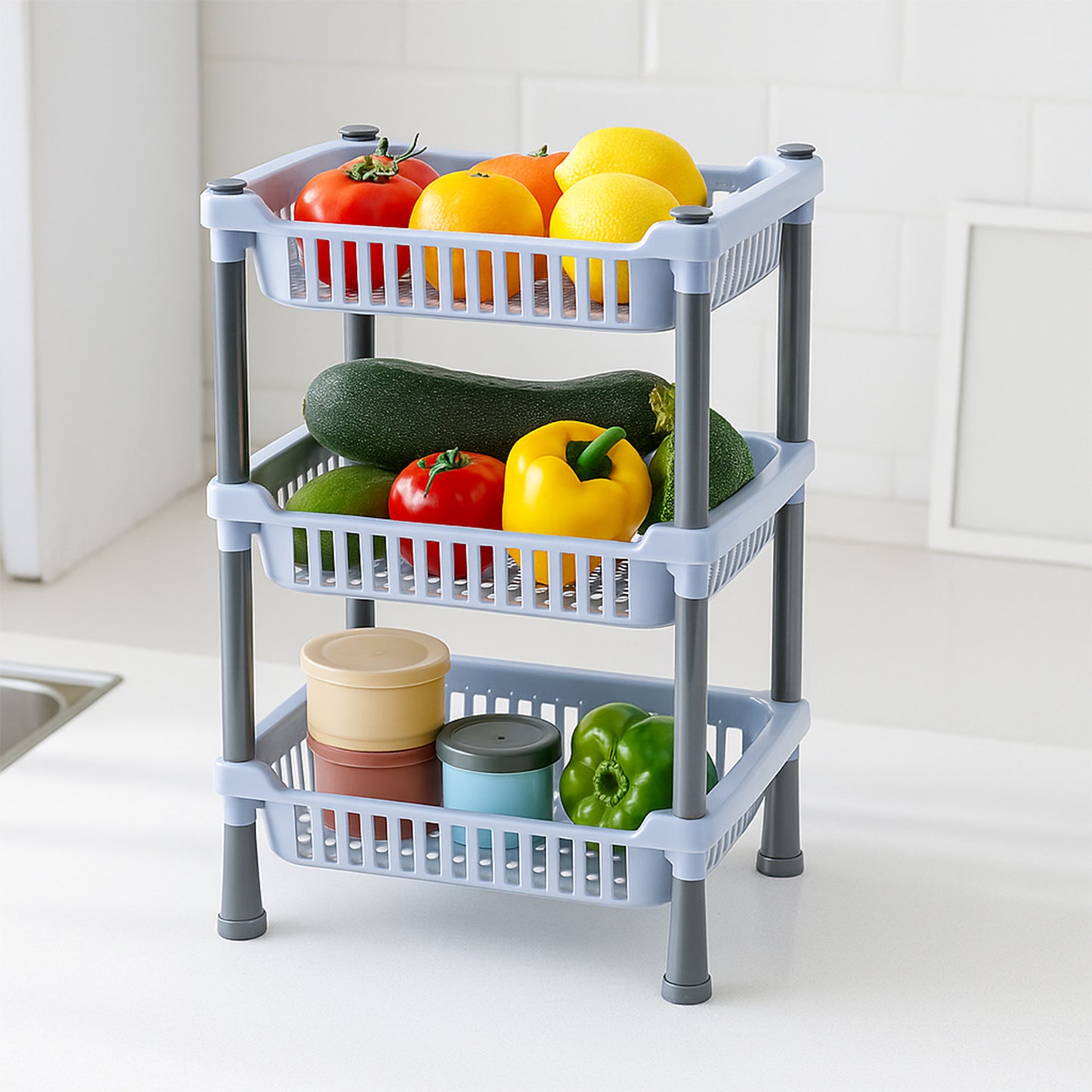 3 Tier Modular Kitchen Storage Basket Rack - Ventilated Plastic Organizer Stand - Great Price - Image 5