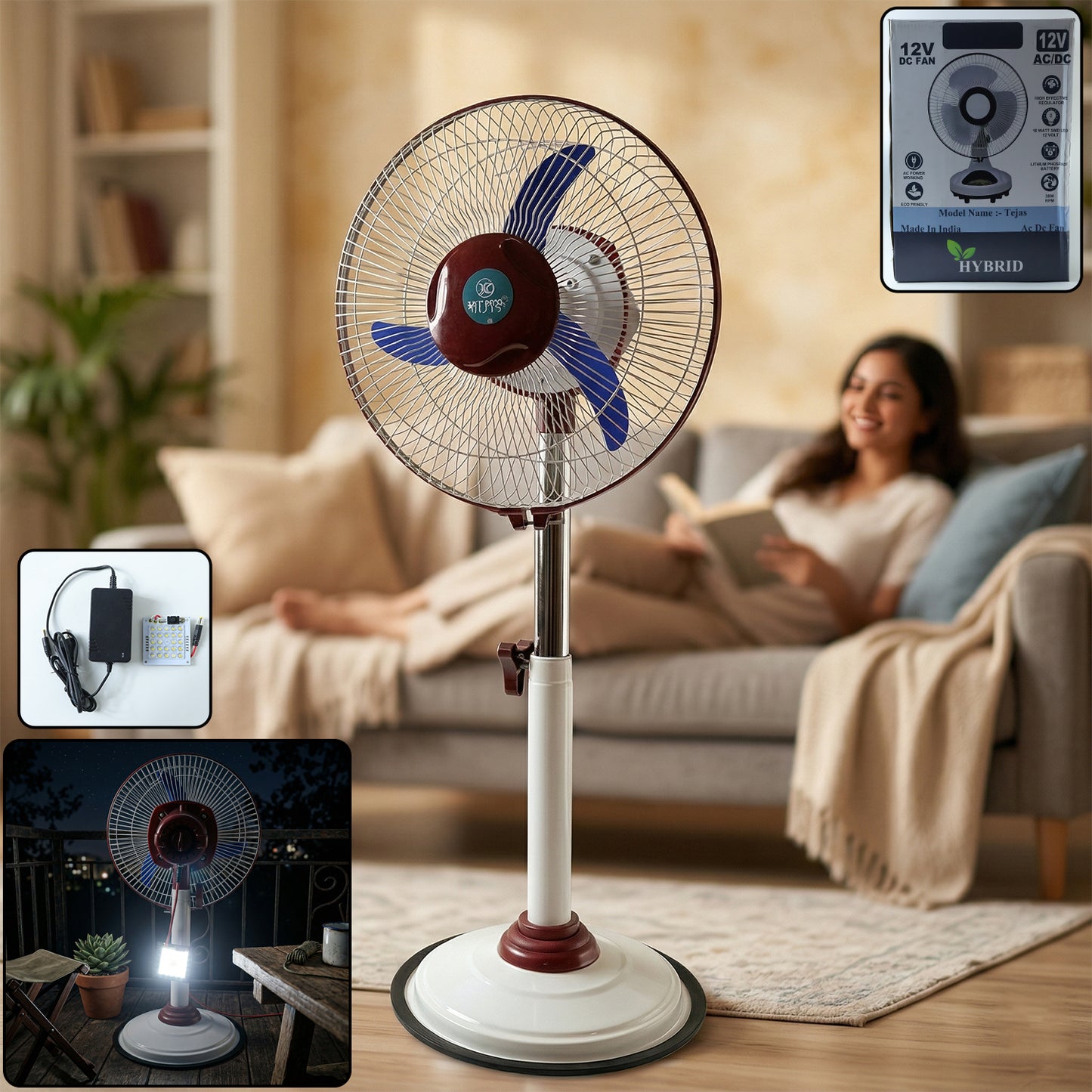 12V Rechargeable Pedestal Fan with LED Light - Portable AC/DC Cooling Fan - Great Price - Image 2