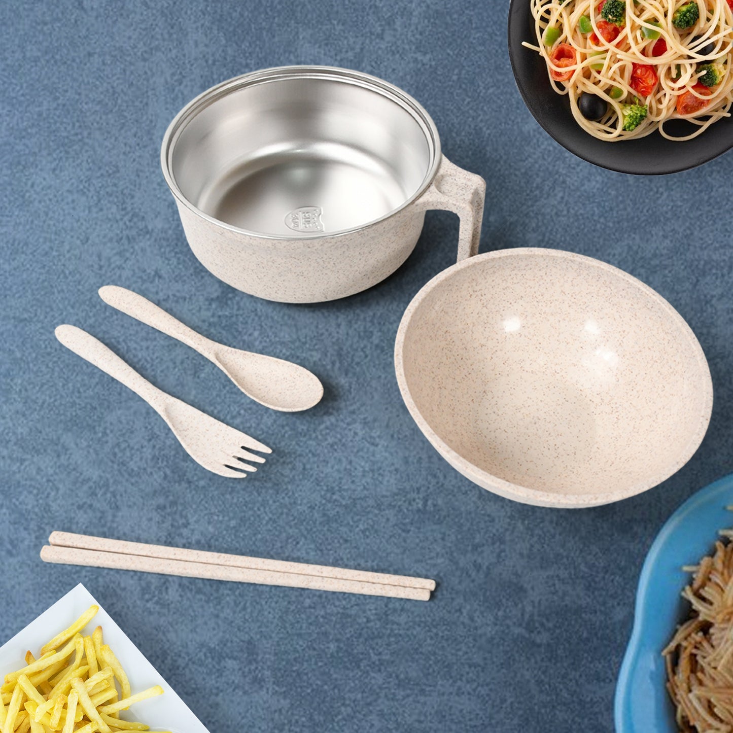 Rice Bowl Noodle 1 Bowl With 1 Lid And Handle Wheat Straw Noodle Bowls With Wheat Straw 1 Fork 2 Chopsticks 1 Spoon For Soup Salad Cooker Snack Set (6 Pcs Set) - Happy Price - Image 2