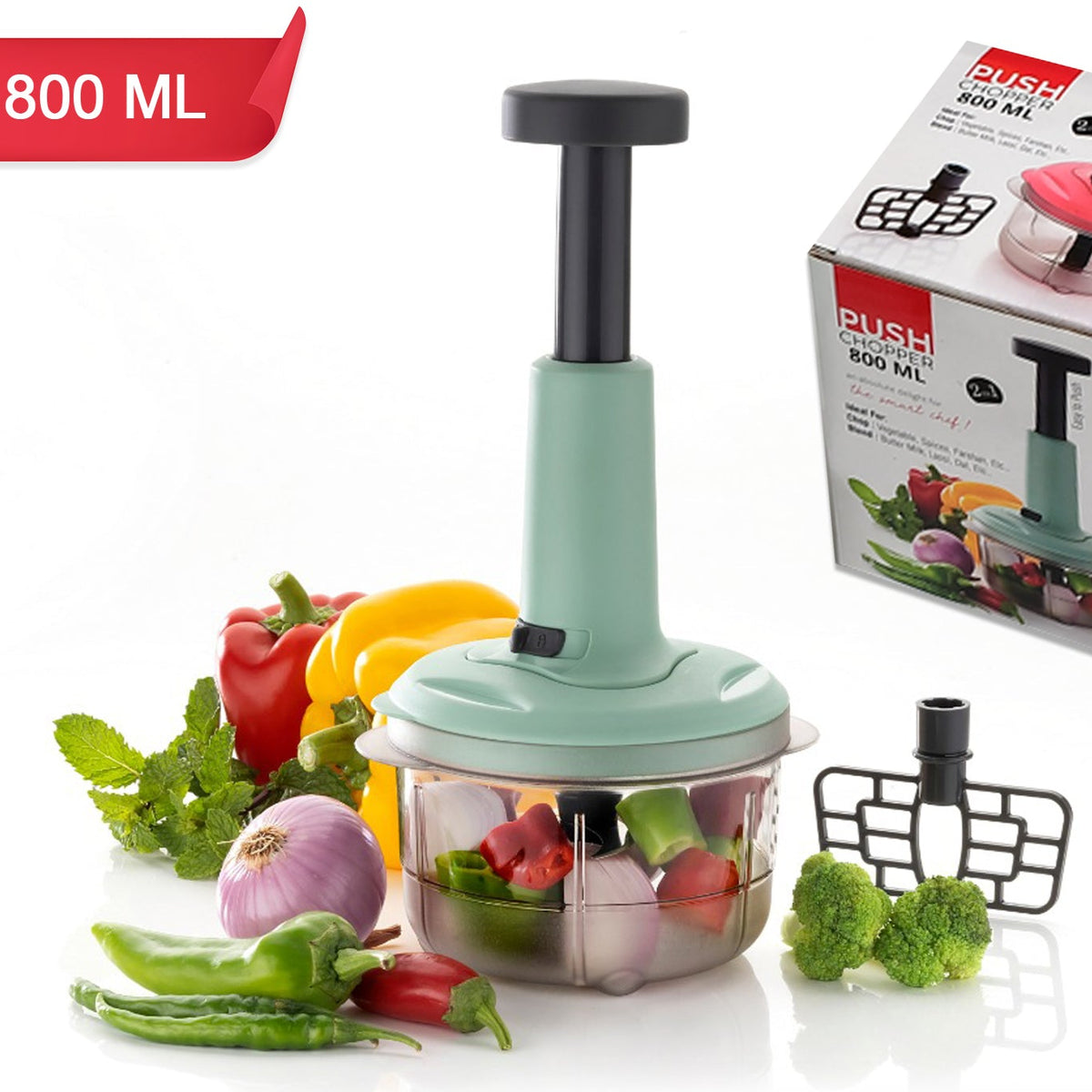 2in1 Push Chopper 800ml Stainless Steel Blade Quick Powerful Manual Hand Held Food Chopper To Chop Cut Fruits Vegetables Herbs Onions For Salsa Salad - Happy Price - Image 1