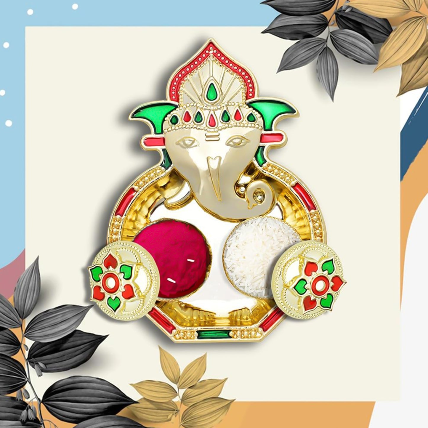 Ganesh Design Kumkum Box - 1 Pc Golden Finish with Stone Work - Happy Price - Image 3