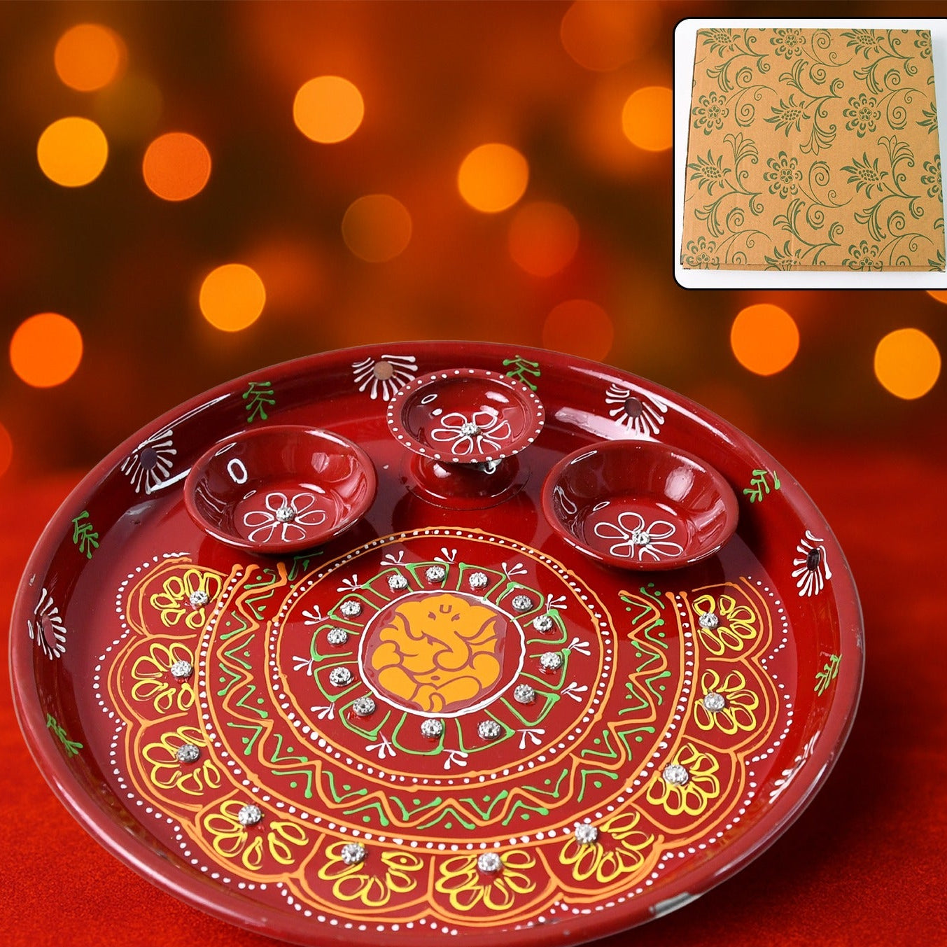 Hand-Painted Ganesha Pooja Thali Set with 3 Diyas - Festive Puja Utensil - Happy Price - Image 1