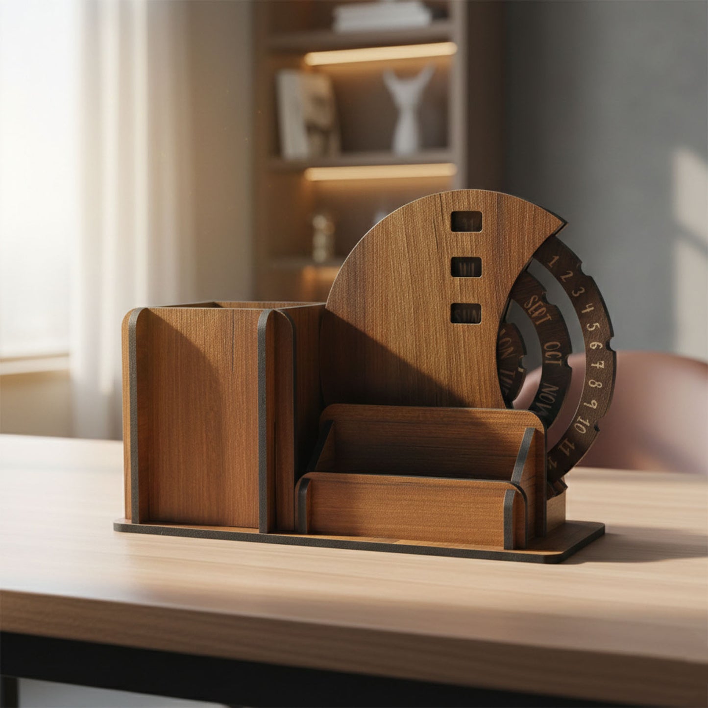 Wooden Desk Organizer with Pen Stand, Card Holder & Rotating Calendar (1 Pc) - Happy Price - Image 5