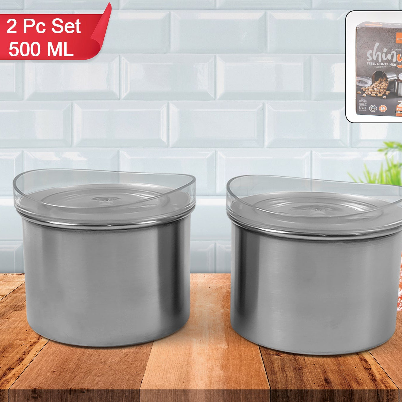 Multipurpose Stainless Steel Airtight Containers With See Through Lid (2 Pc 500 Ml) - Happy Price - Image 1