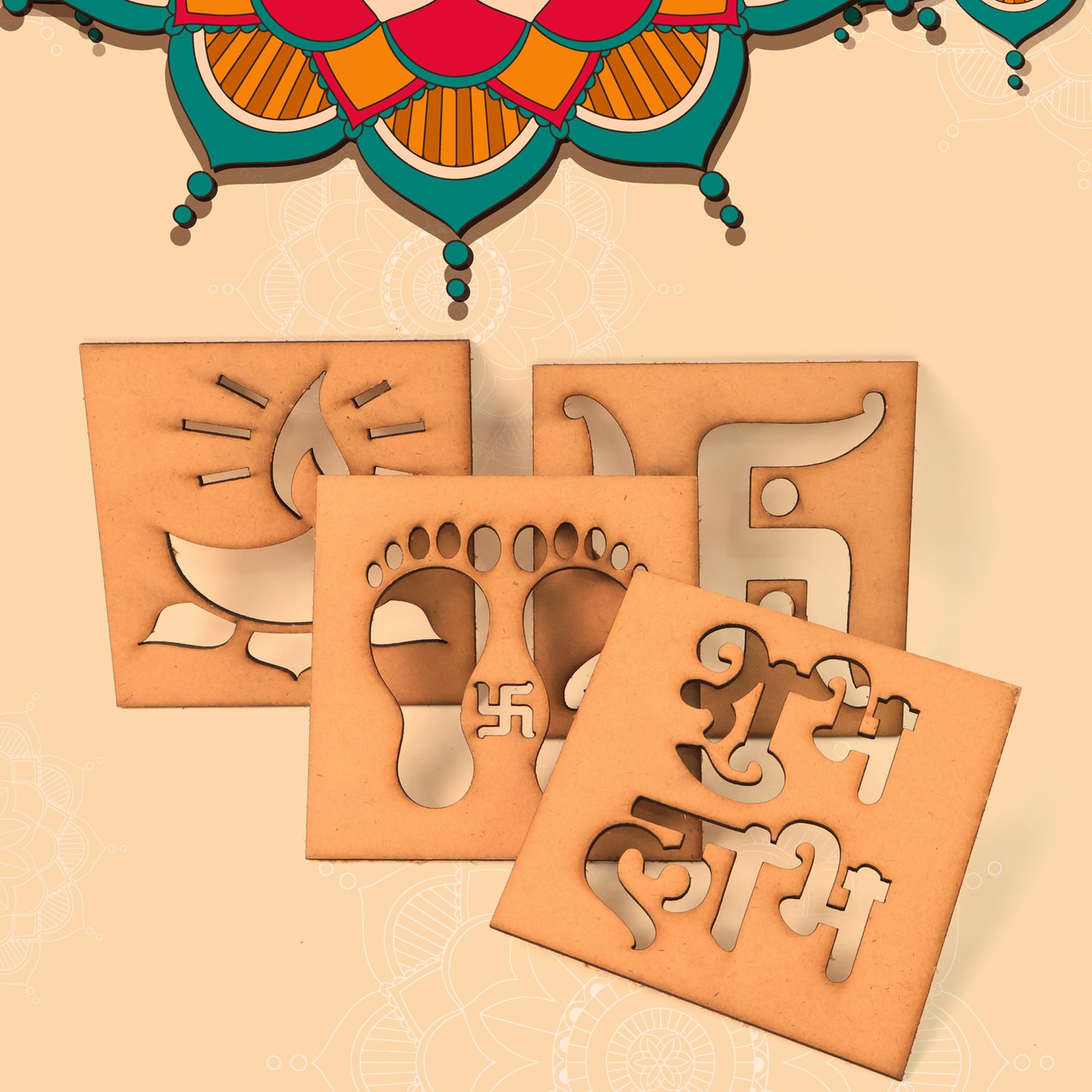 Wooden Decorative Cutouts Set - 4 Pcs Shubh Labh, Swastik, Diya & Footprint Designs for Home Decor - Happy Price - Image 4