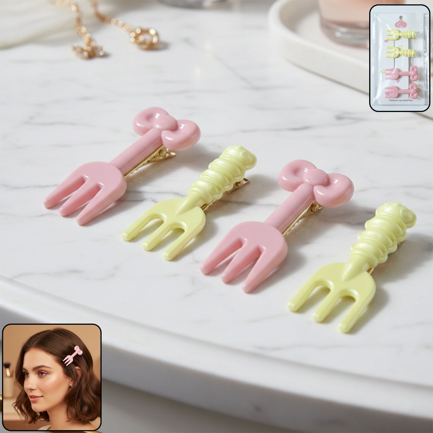 4 Pc Mini Fork Hair Clips Set for Girls & Women - Pastel Style - Happy Price - Image 2