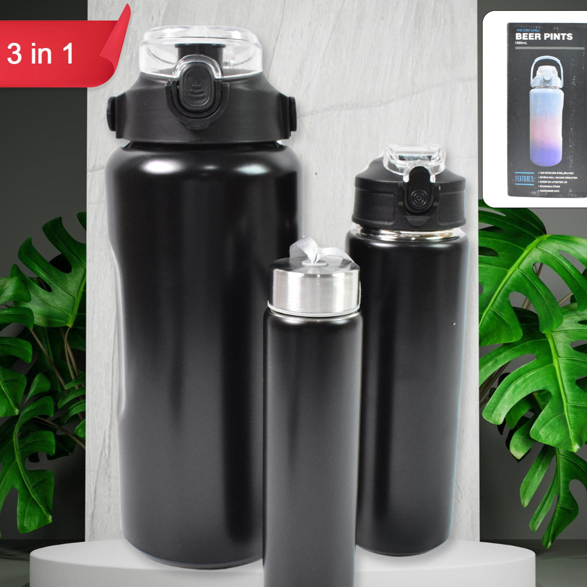3 In 1 Stainless Steel Insulated Water Bottle Double Wall Vacuum (3 Pcs Set Different Size) - Happy Price - Image 1