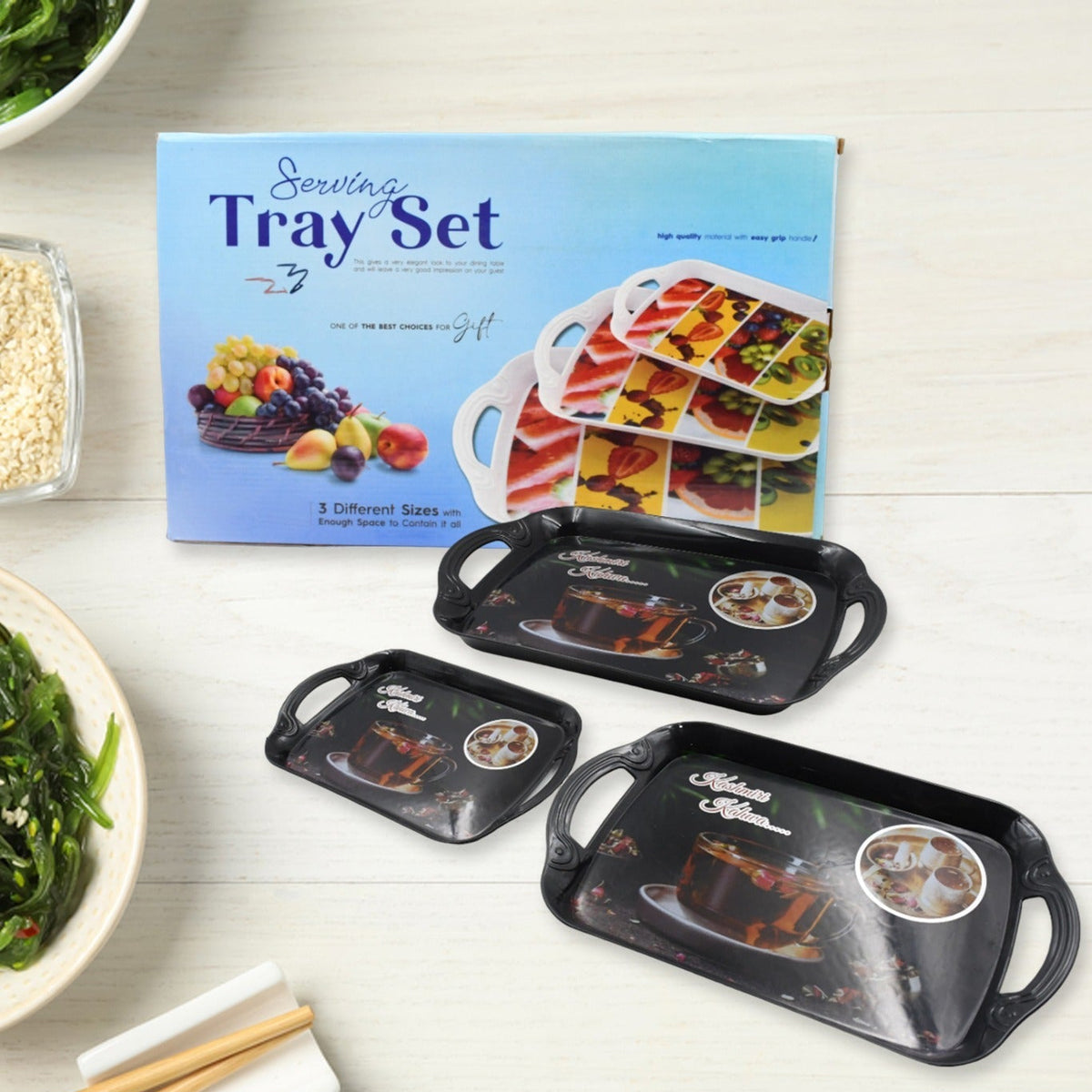 a Serving Tray Set Of 3 Melamine Trays For Kitchen Snacks Serving Tray Tray Set For Serving Tea Tray For Serving Fancy Trays For Serving Gift Item Different Size For Kitchen Office Use - Happy Price - Image 1