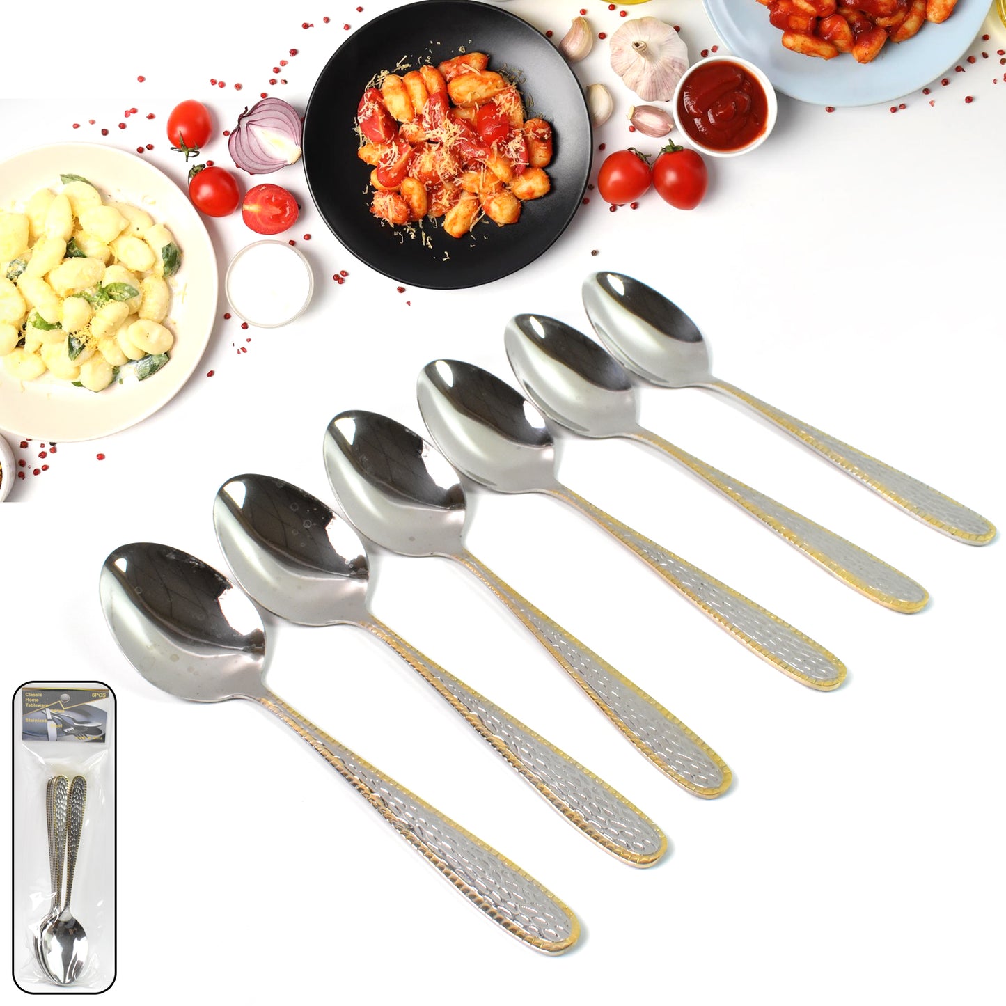 Stainless Steel Gold Bordered Textured Spoons Gold Plated Handle Set Of 6 Pc - Happy Price - Image 2