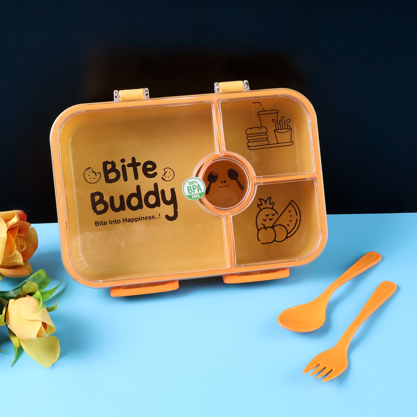 Bite Buddy 4-compartment Leak-resistant Plastic Lunch Box With Spoon Fork - Happy Price - Image 4