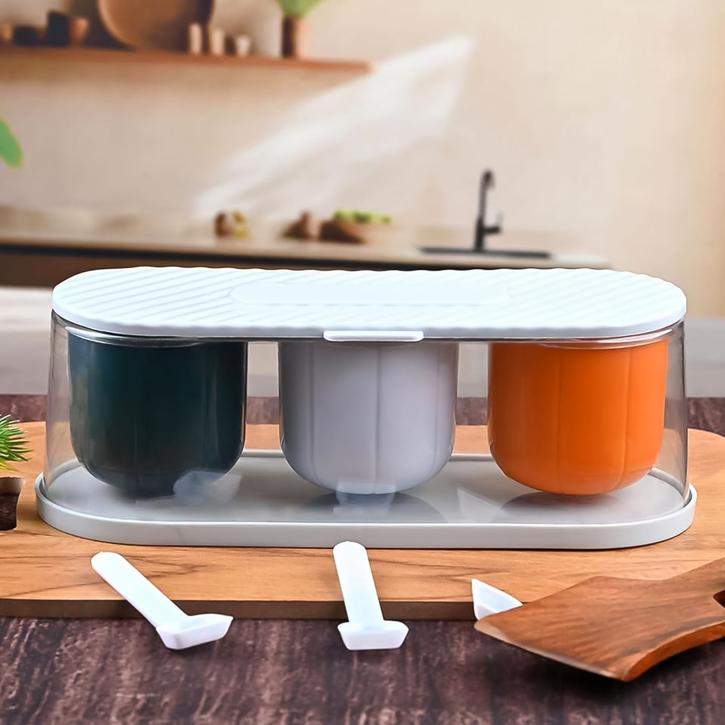 Home Kitchen 3 Grid Seasoning Spice Masala Box Kit With Spoon (Multicolor 1 Set) - Happy Price - Image 3
