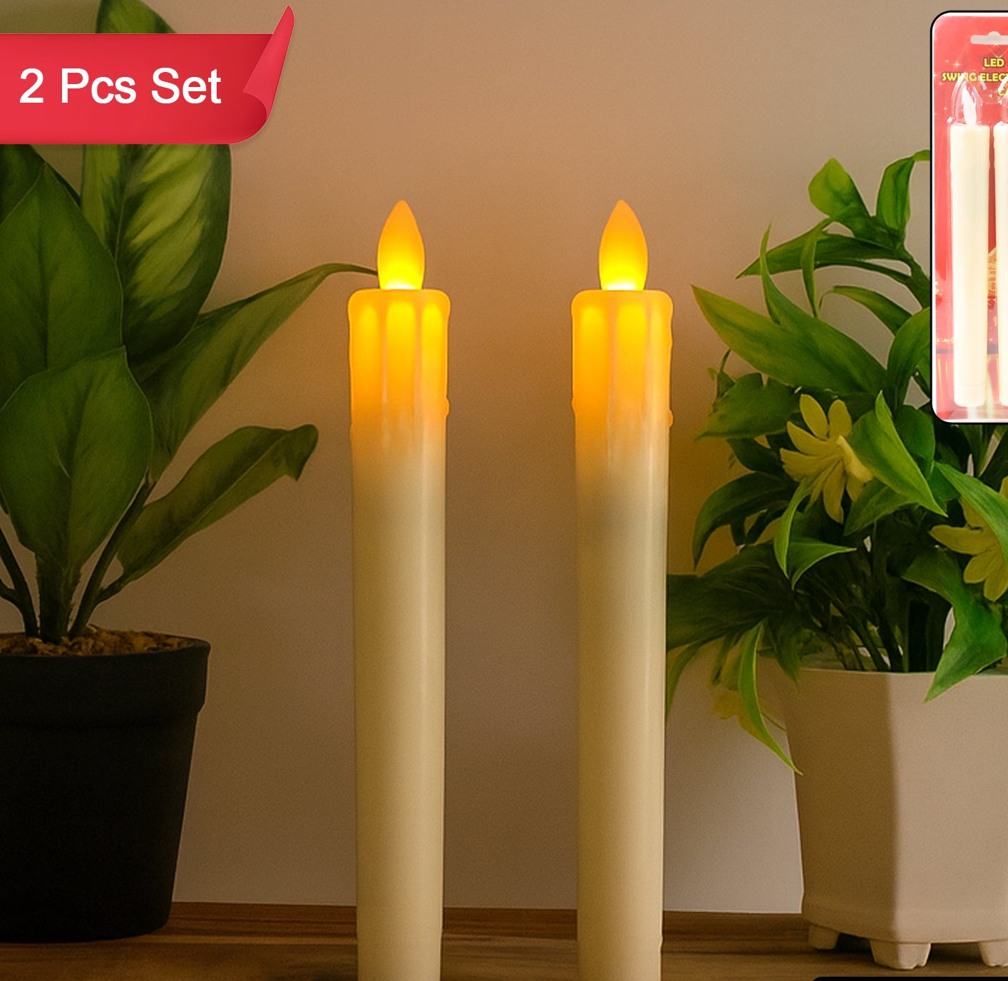 Set of 2 LED Flameless Taper Candles with Realistic Flickering Effect - Happy Price - Image 1