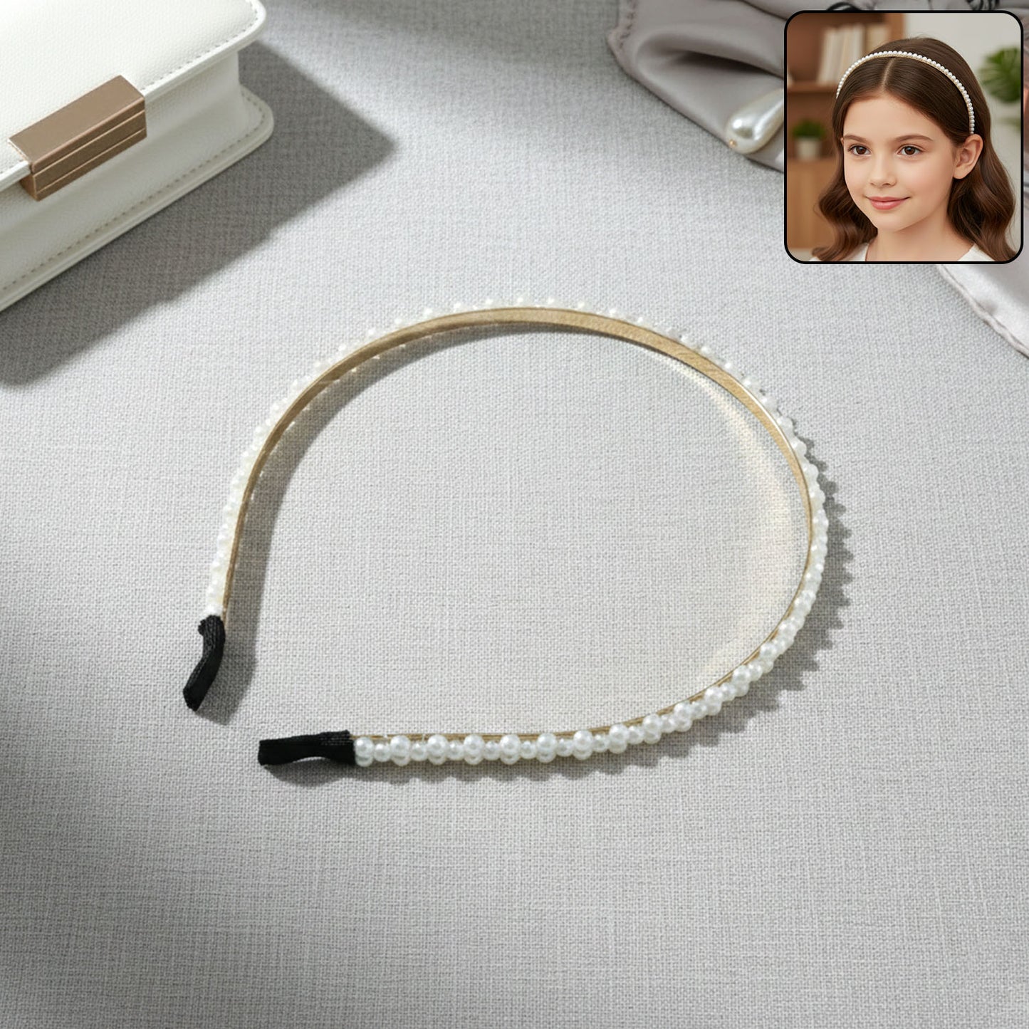 Elegant Pearl Beaded Slim Golden Metal Hair Band for Women - 1 Pc - Happy Price - Image 2