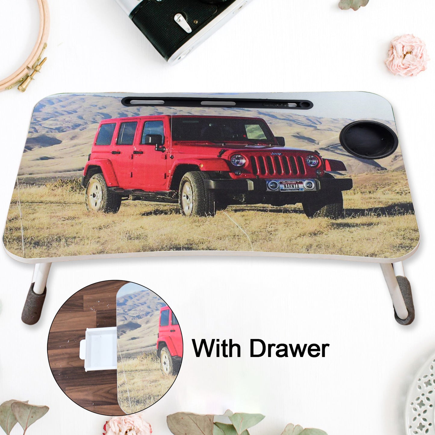 Foldable Cartoon Design Laptop Table with Cupholder and Drawer - 58x39 cm - Happy Price - Image 3