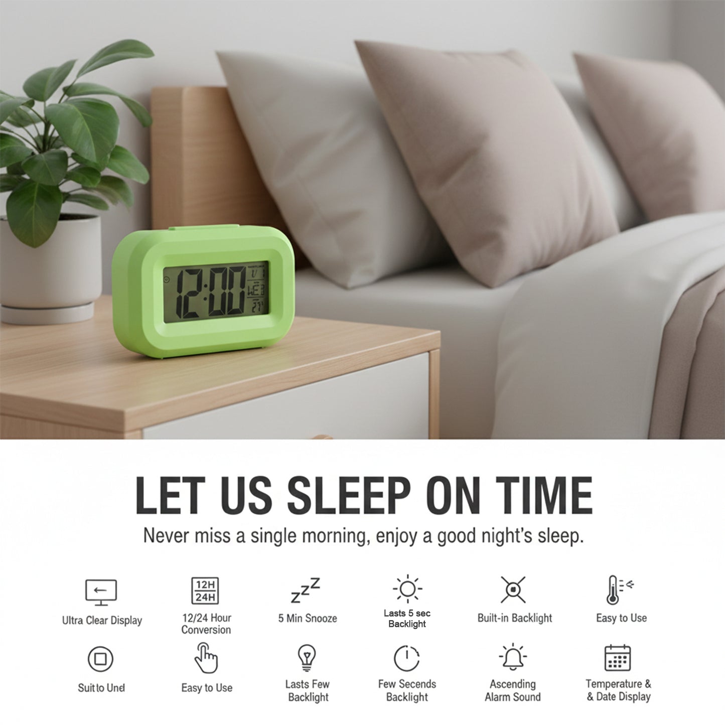 Digital Alarm Clock with Large Display - Time, Date, Day & Temperature - Happy Price - Image 3