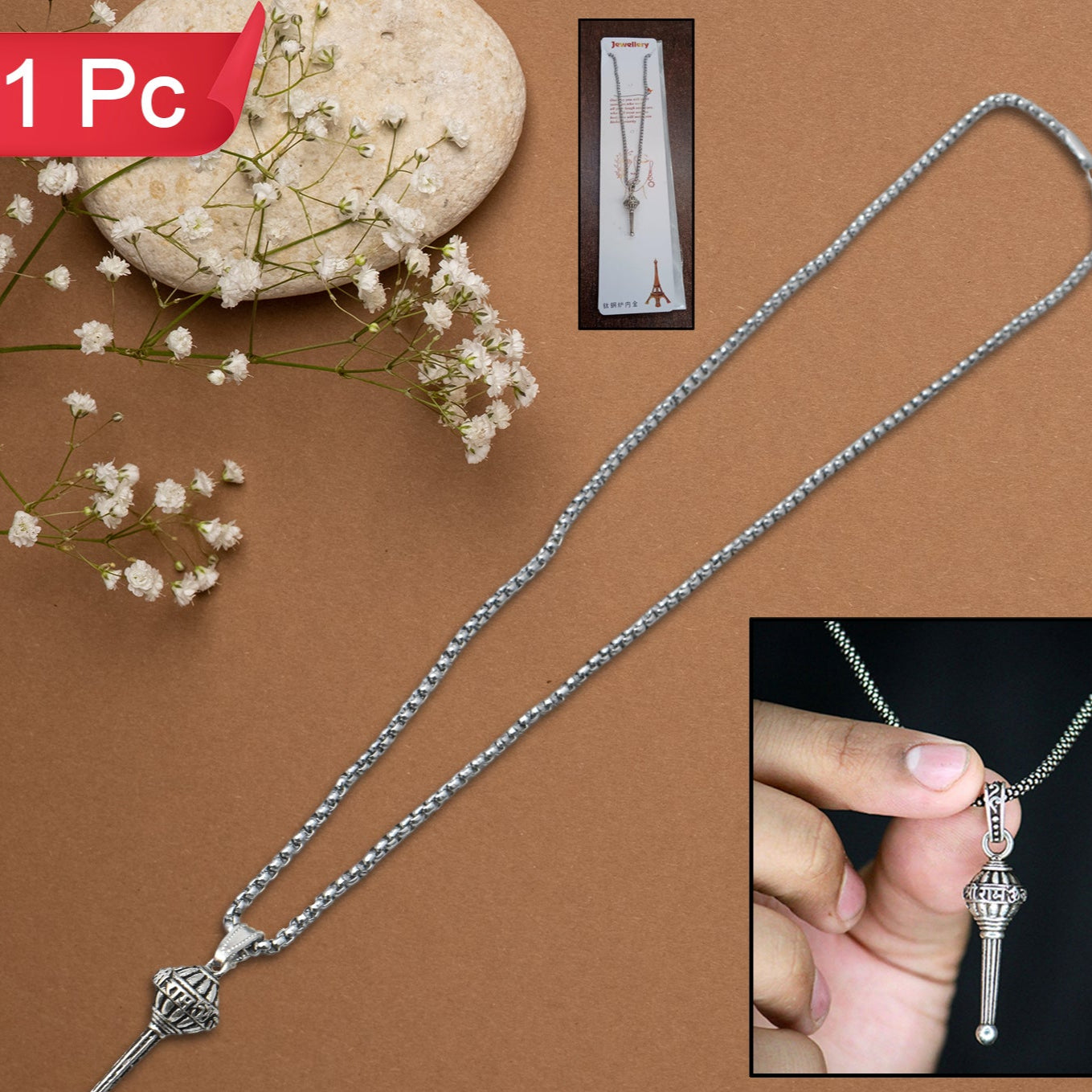 Silver Chain With Gada Pendant Locket (1 Pc) - Happy Price - Image 1