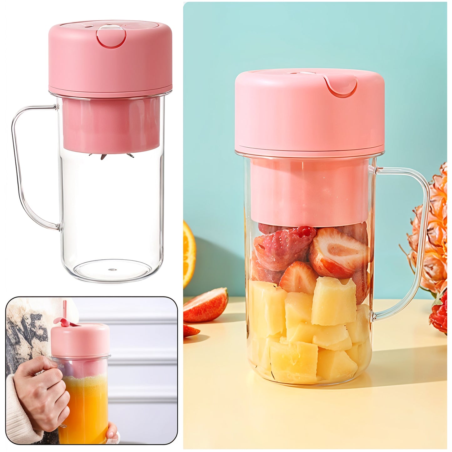 Portable Crusher Juicer With Handle Straw Usb Rechargeable 6 Blades (420 Ml) - Happy Price - Image 3