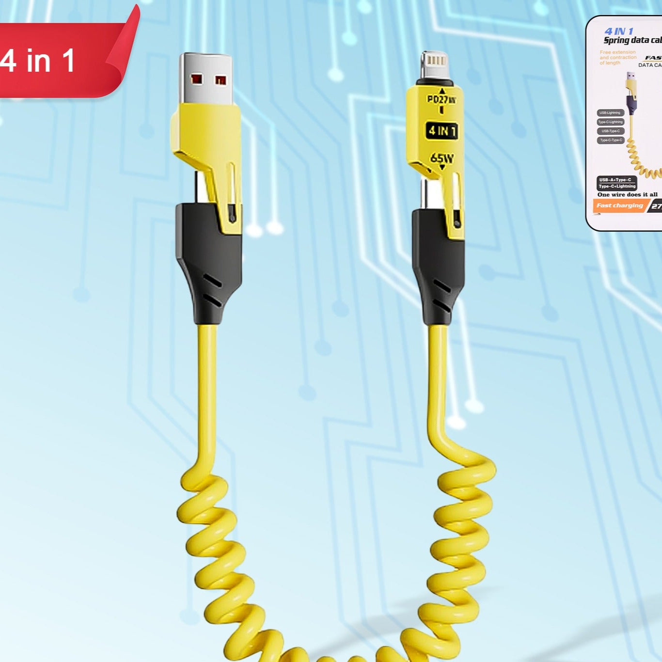 4 In 1 Spring Fast Charging Cable (1 Pc 1.5 Mtr Long) - Happy Price - Image 1